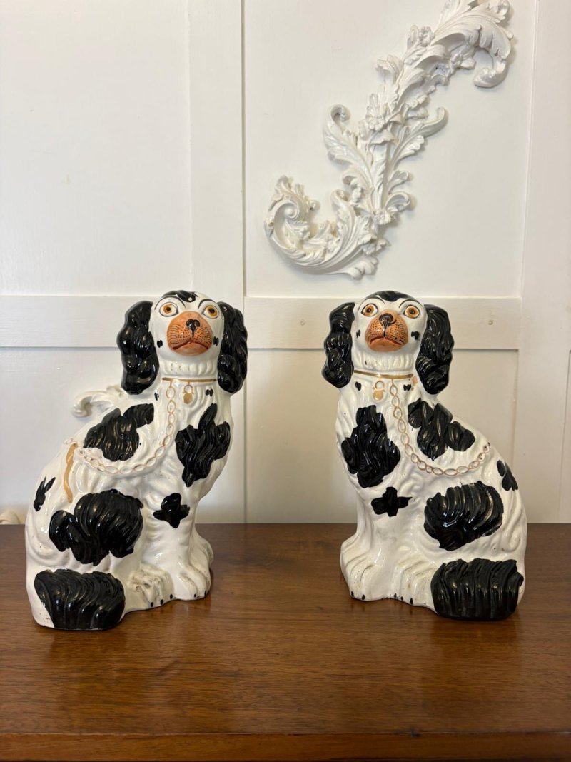 Antique Pair of Staffordshire Black & White Spaniel Dogs